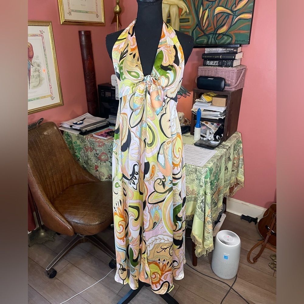 Zara Satin Paisley Psychedelic Halter Dress low back Size Large Retail $120